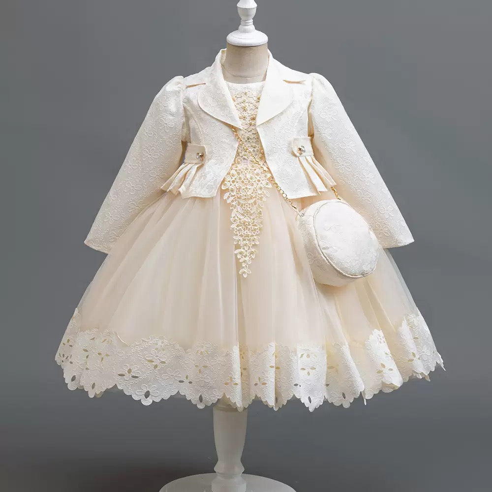 Wholesale Girls Luxury Princess Dress Set with Elegant Lace Jacket & Matching Purse – MOQ 50 Mixed Colors – 10 Pieces Per Color – $12 Each