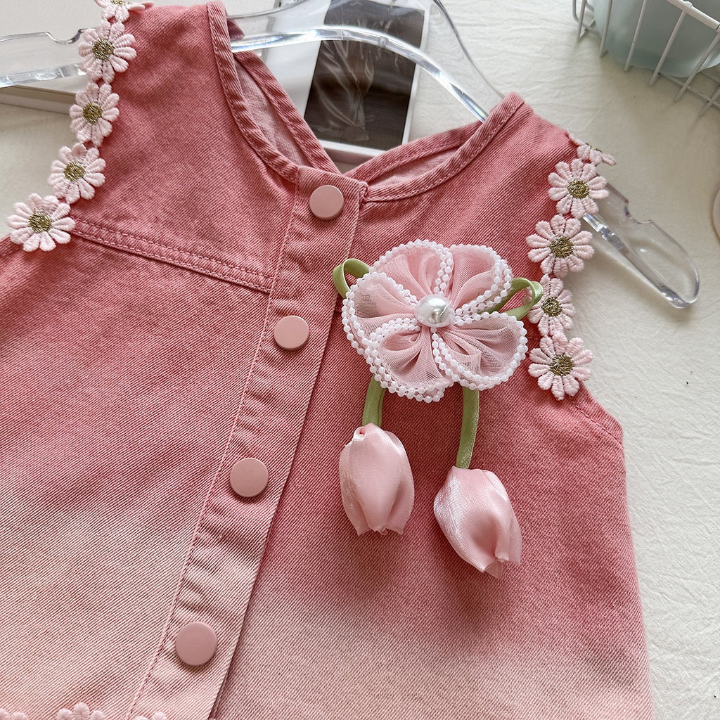 Summer Girls' Set Floral Denim Vest with Ruffled Shorts Casual Two-Piece Outfit