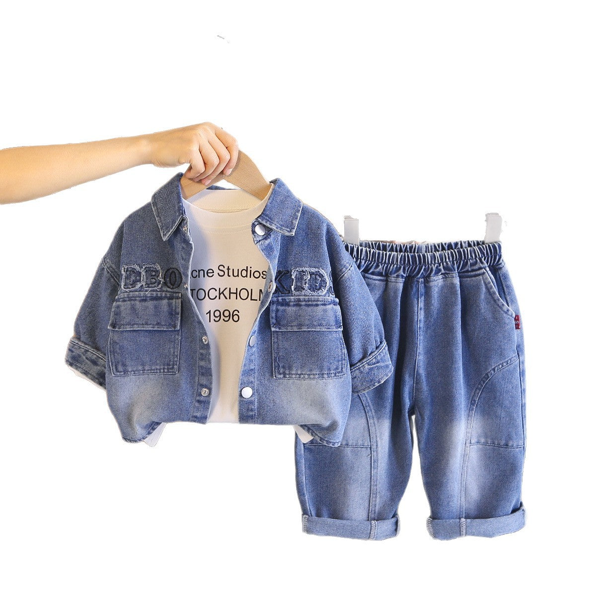 Baby autumn denim long sleeved three piece set baby children's clothing