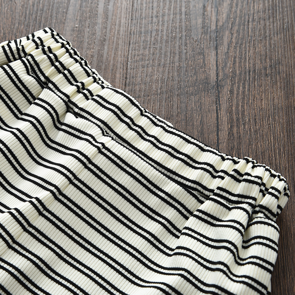 Girls' Pleated Stripe Strap Top & Shorts Two-Piece Casual Set