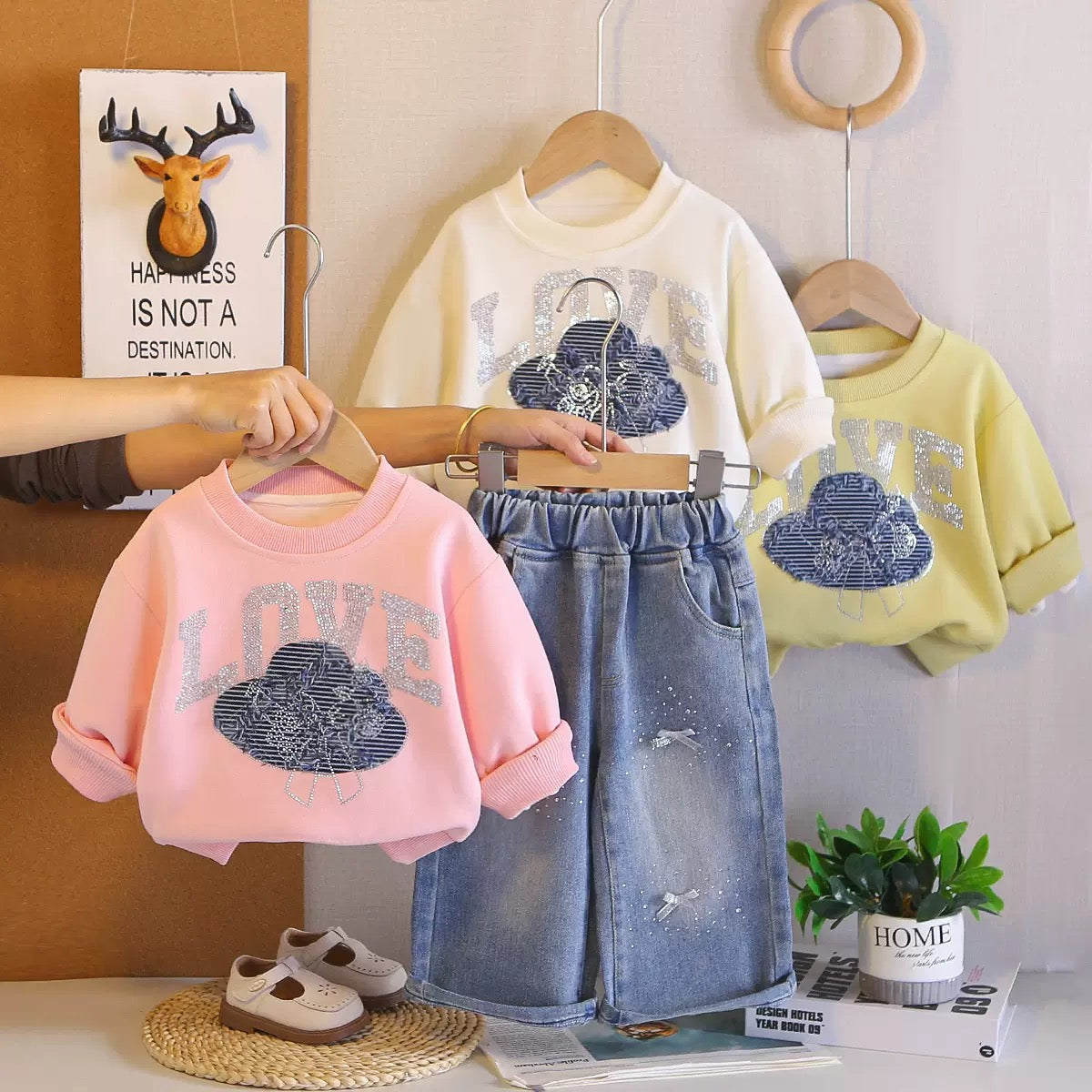 Baby Girl LOVE Graphic Sweatshirt & Wide-Leg Denim Pants 2-Piece Set | $11 Per Set | MOQ 12
