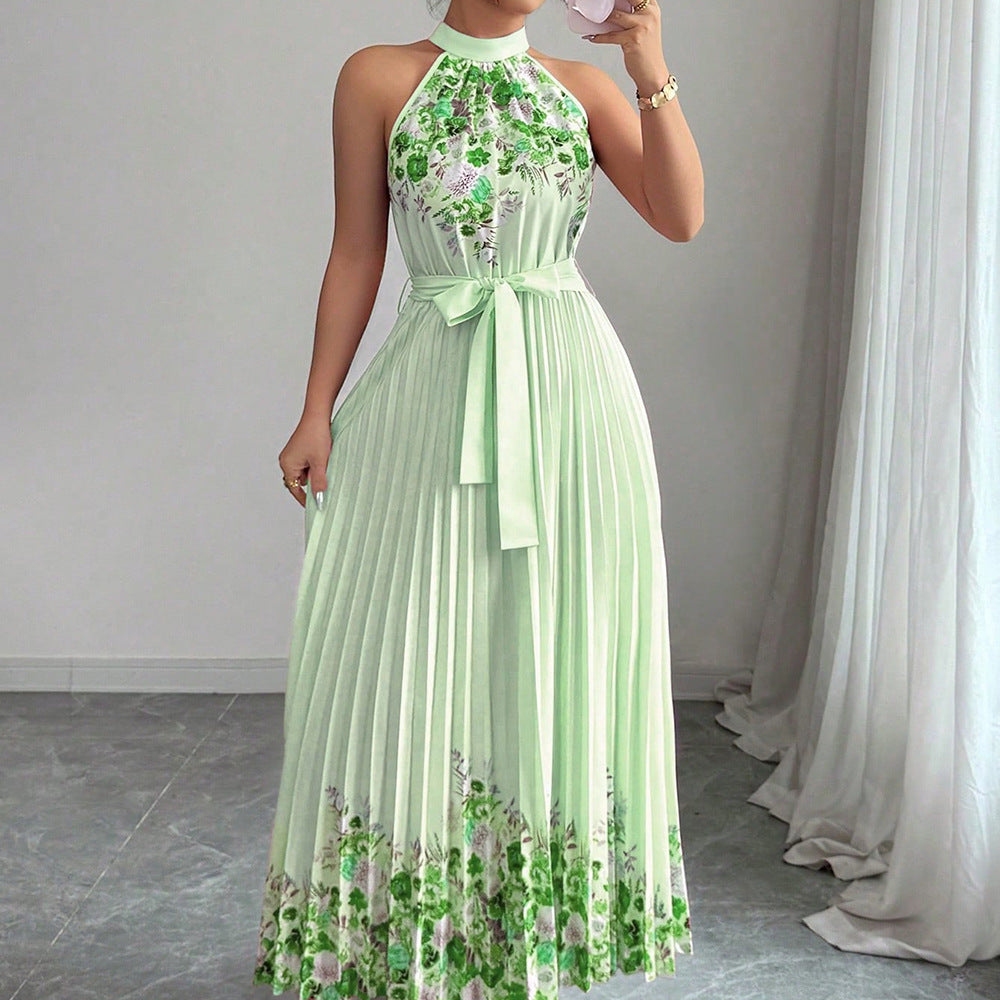 Women’s Floral Print Halter Neck Pleated Maxi Dress with Waist Tie – $19.99 Unit Price | MOQ 24 Pieces.Size S-xl