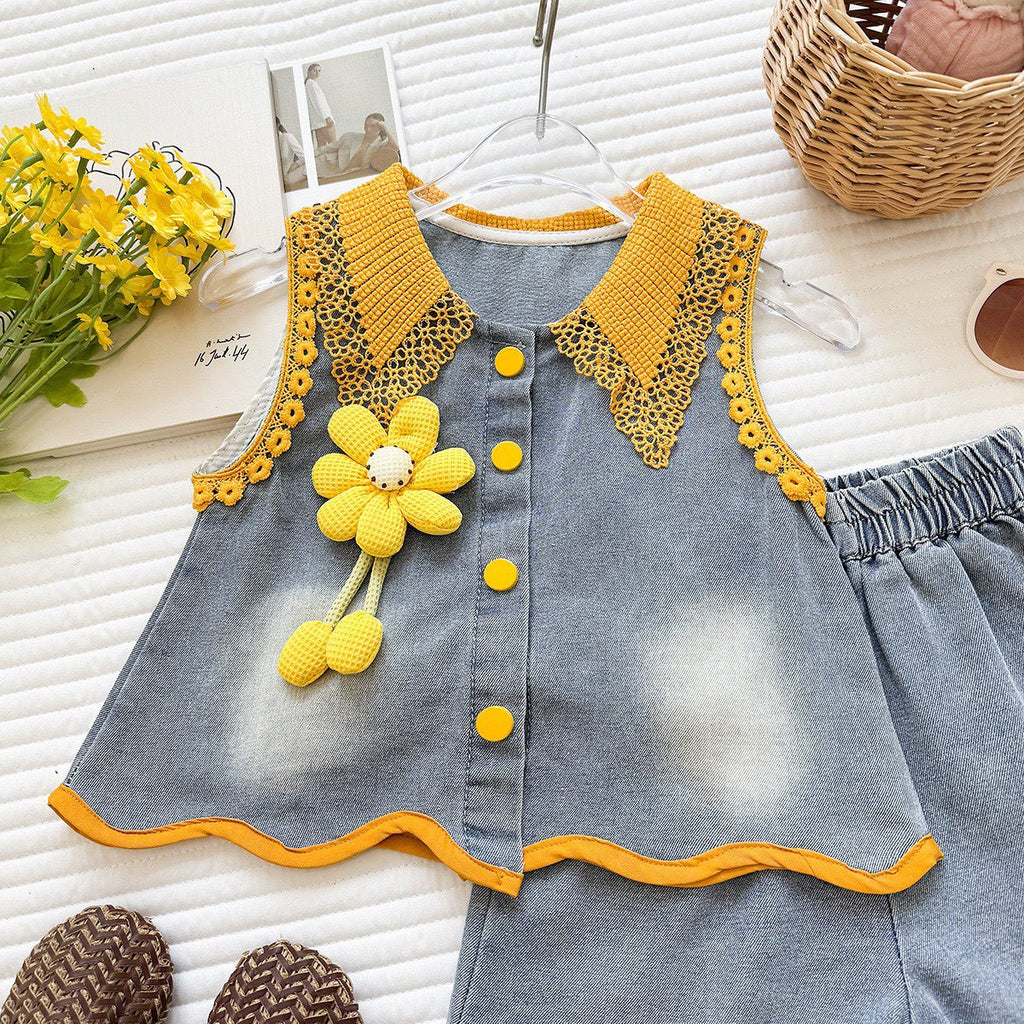 Two-Piece Set for Girls: Denim Flower Vest Top with Color-Blocked Ruffle Shorts, Fashionable Summer Outfit