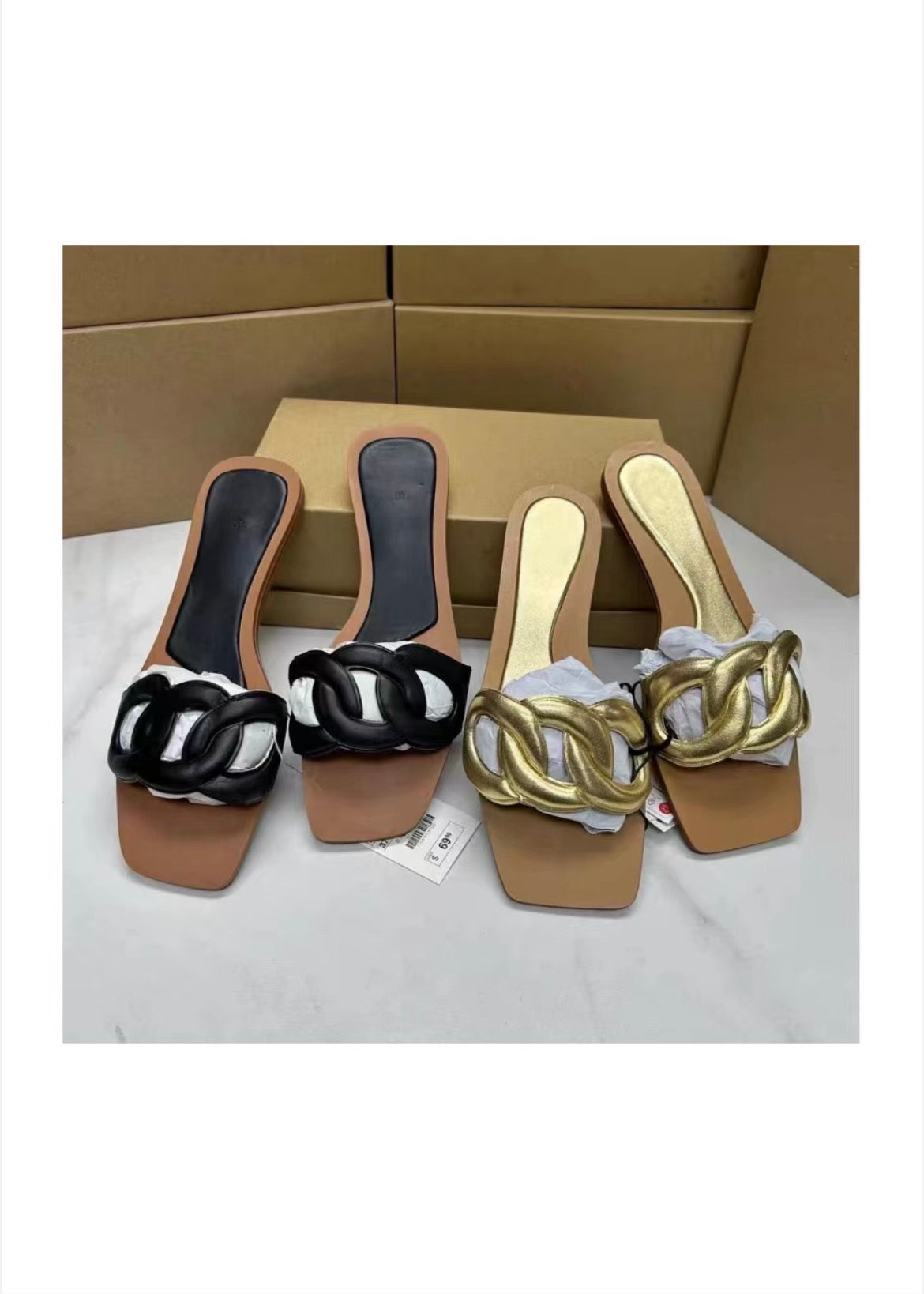 Women chain strap slide sandals gold and black wholesale