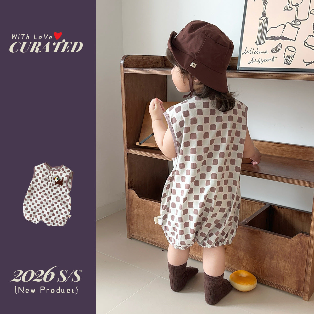 Baby Romper for Boys Lightweight Short Sleeve All-Over Printed Checkered Cartoon Baby Onesie
