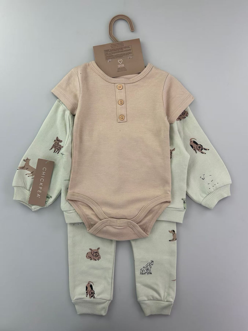 3-Piece Baby Bodysuit, Sweatshirt & Jogger Pants Outfit Set – Neutral Bear Print Unit Price &9.50| MOQ :12 each style
