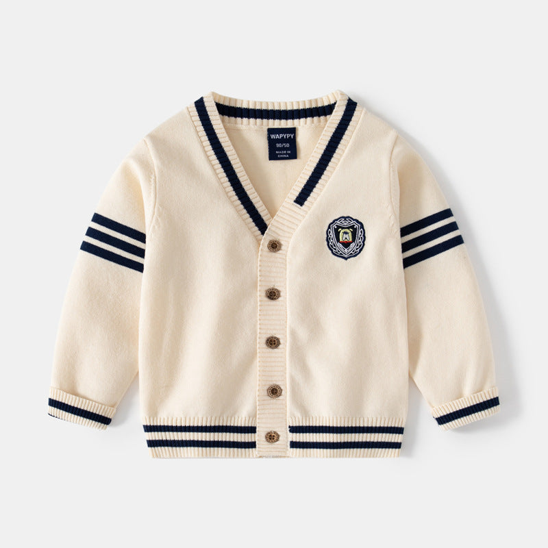 Boys' knitted cardigan with baby V-neck embroidery