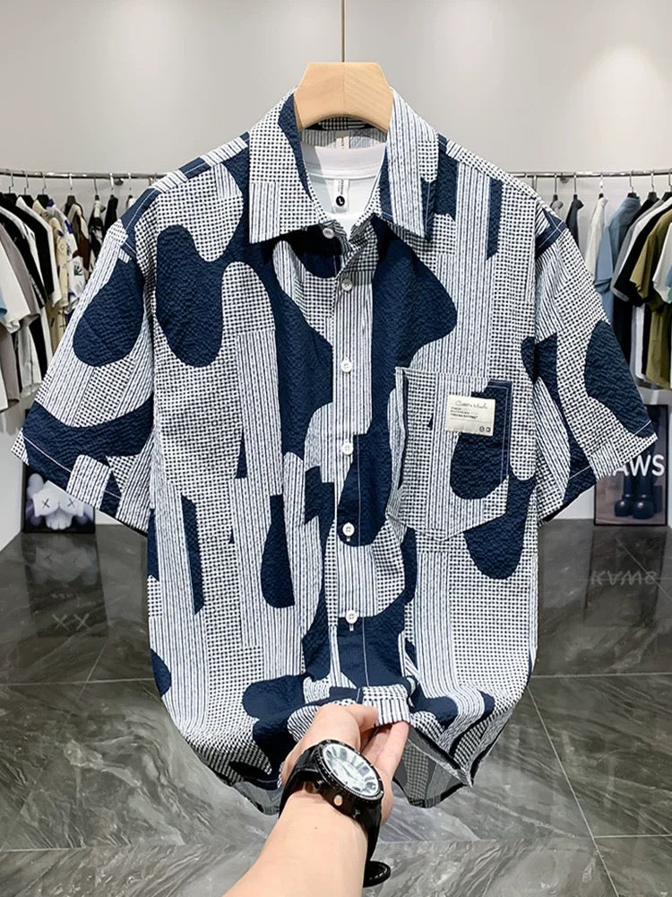 Men’s Navy Abstract Print Short Sleeve Button-Up Shirt – $6 Each | MOQ 12