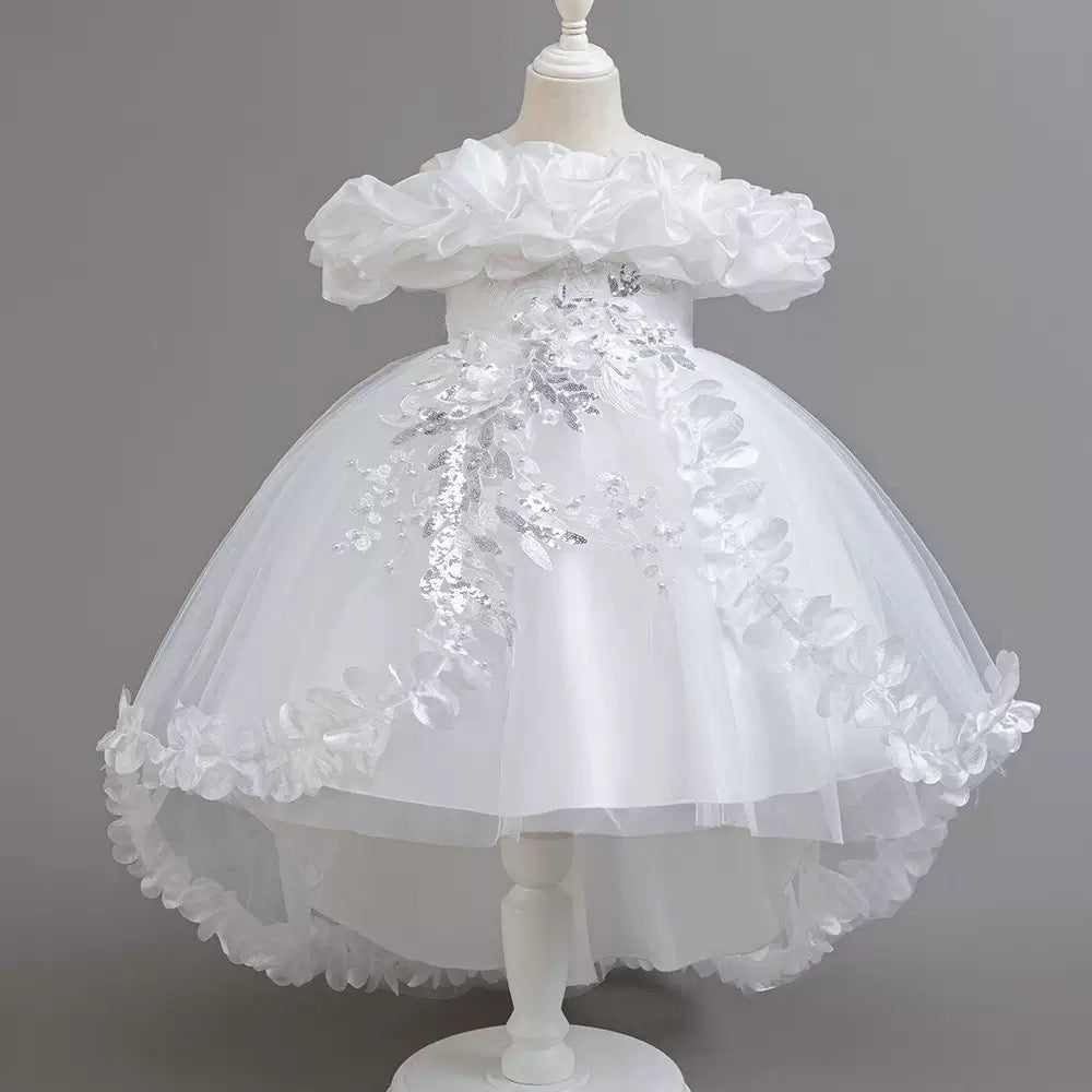 Wholesale Girls Luxury Off-Shoulder High-Low Princess Dress with Floral Embroidery – MOQ 50 Mixed Colors – 10 Pieces Per Color – $10 Each