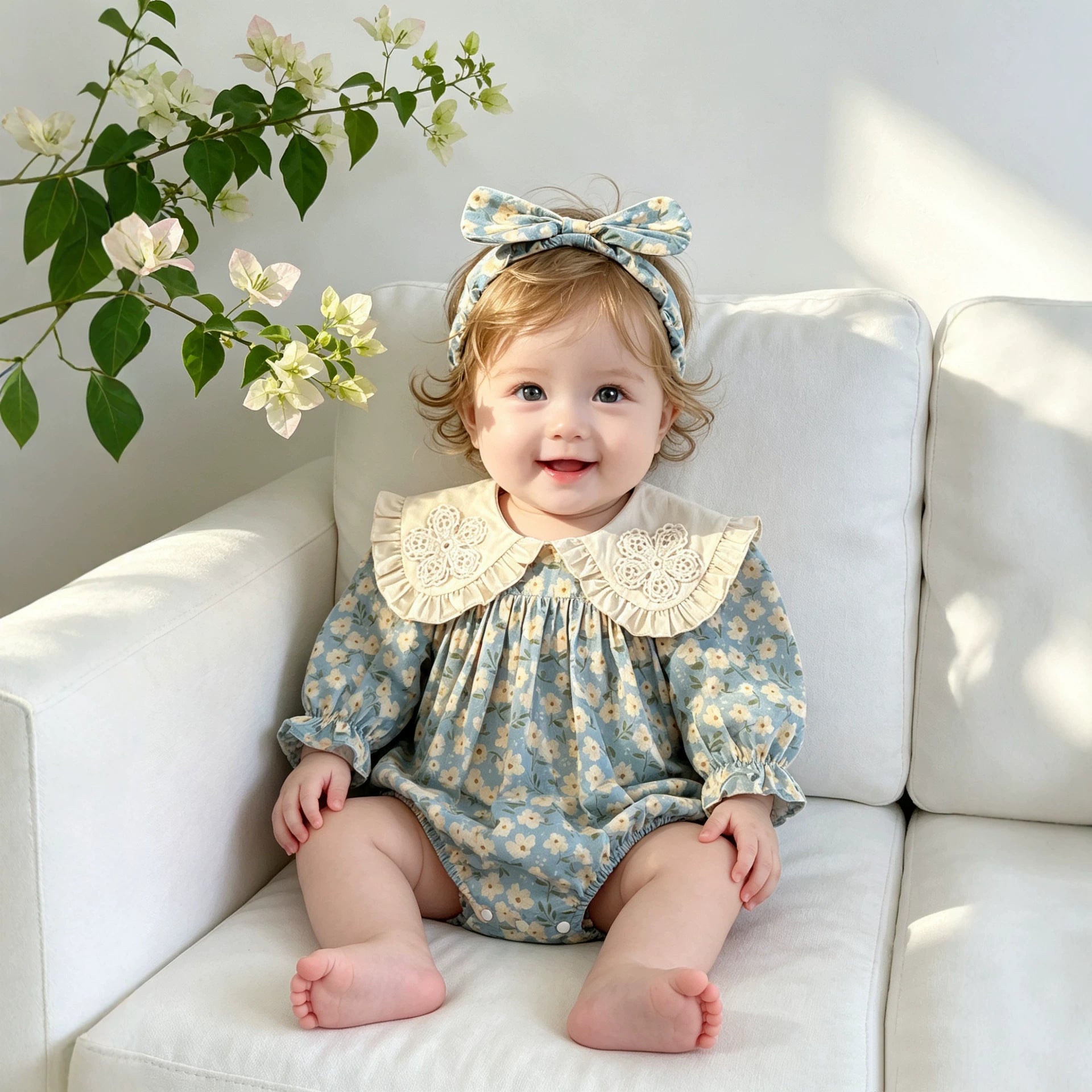 Autumn Baby Clothes Sweet Floral Baby Girl Romper Long Sleeve Dress With Peter Pan Collar Sister Set