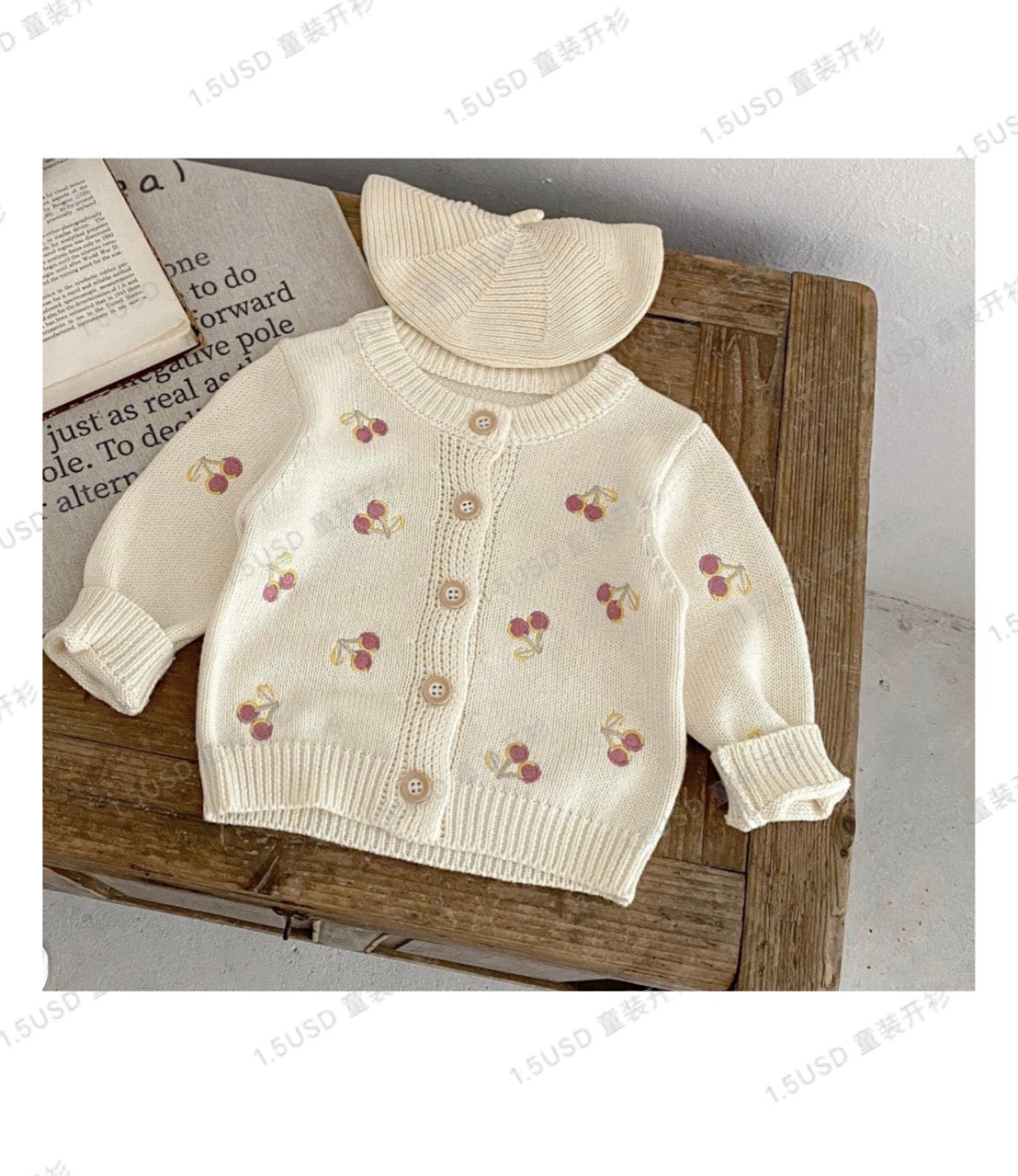Girls cream knit cardigan with cherry embroidery and matching beret hat