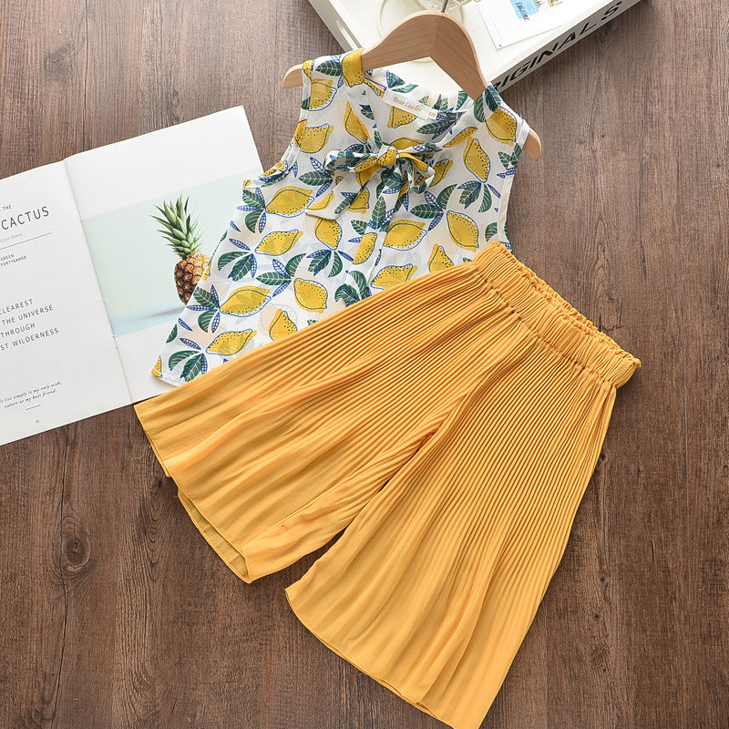 Girls' Lightweight Chiffon Bow Blouse & Wide-Leg Pants Set — Korean Style