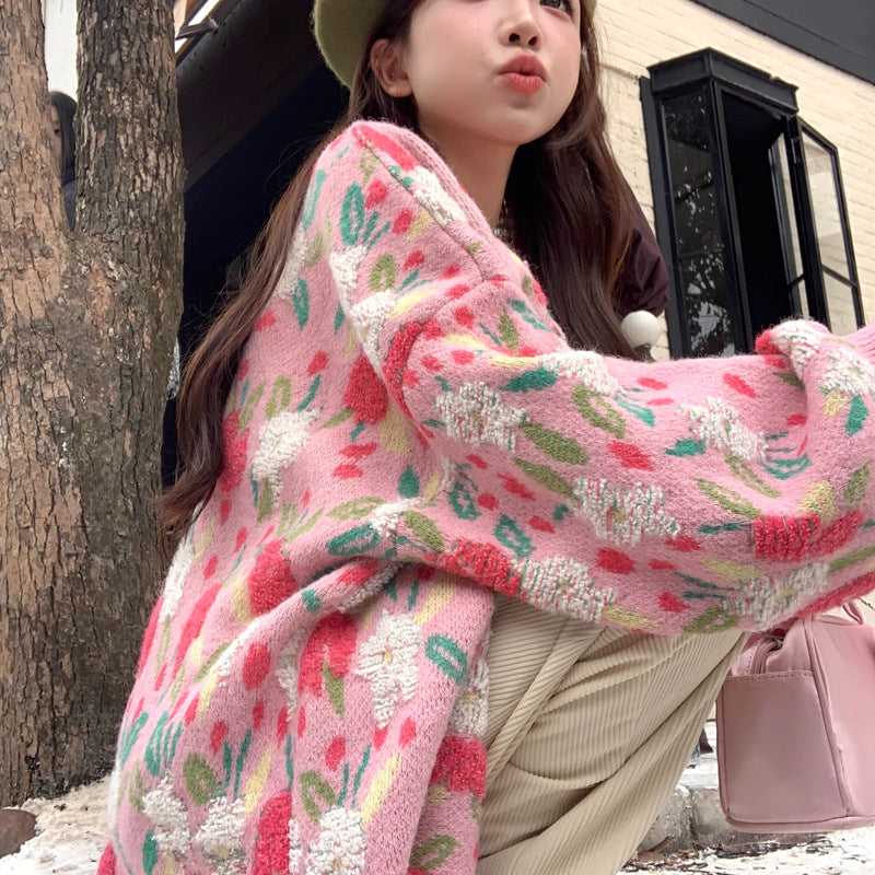 Chic and Stylish Loose Knit Sweater for Women, Autumn New Arrival, Plus Size, Sweet Floral Pink Knitted Cardigan