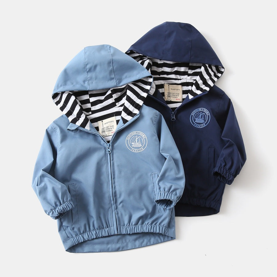 Kids Korean Style Letter Print Hooded Jacket — V-Neck Zip-Up Outerwear (Sizes 90-130cm)