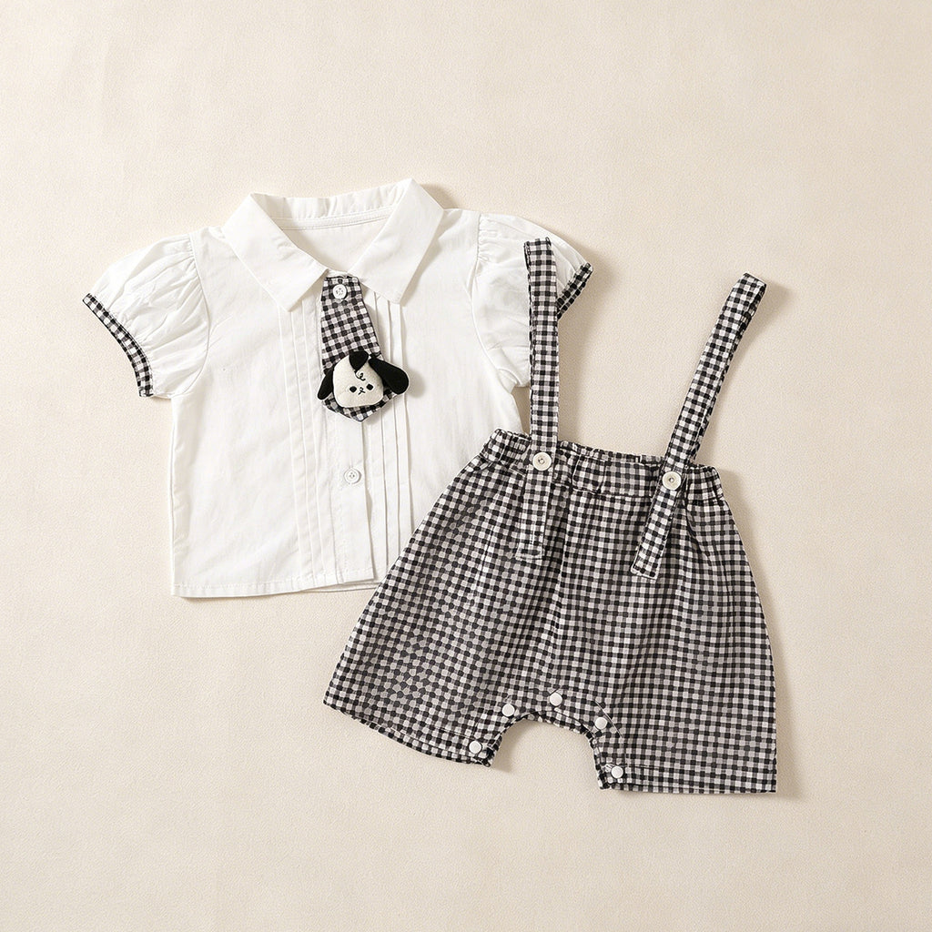 Baby Boys Plaid Overalls 2-Piece Set — Short Sleeve Shirt & Bib Shorts (Sizes 73-100cm)