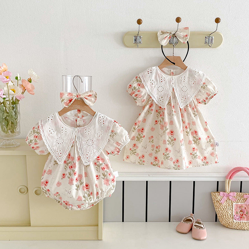 Cute Short Sleeve Dress for Baby Girls Summer Outfit Baby Romper Onesie Sister Matching Set