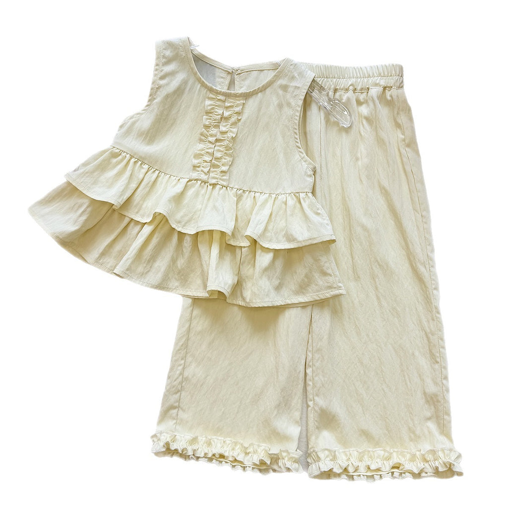 Cute Girls' Summer Outfit Set Sleeveless Ruffled Top and Wide Leg Pants Two-Piece Fashionable Baby Clothing Set