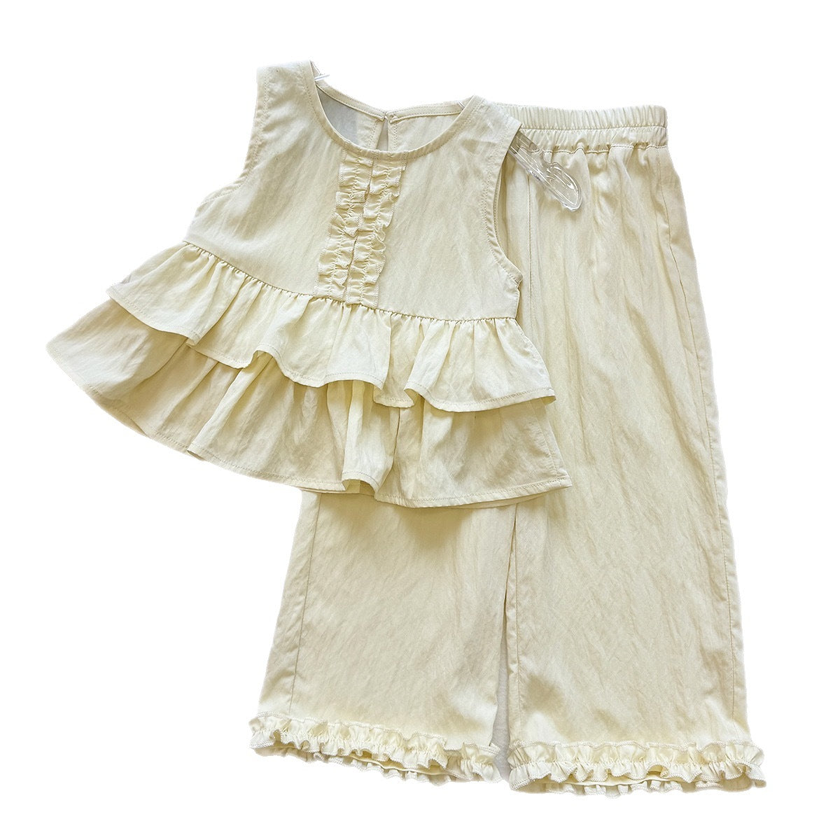 Cute Girls' Summer Outfit Set Sleeveless Ruffled Top and Wide Leg Pants Two-Piece Fashionable Baby Clothing Set