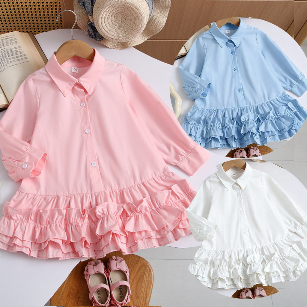 Girls' Long Sleeve Shirt Collar Patchwork Dress, Cake Skirt, 3-8 Years Old