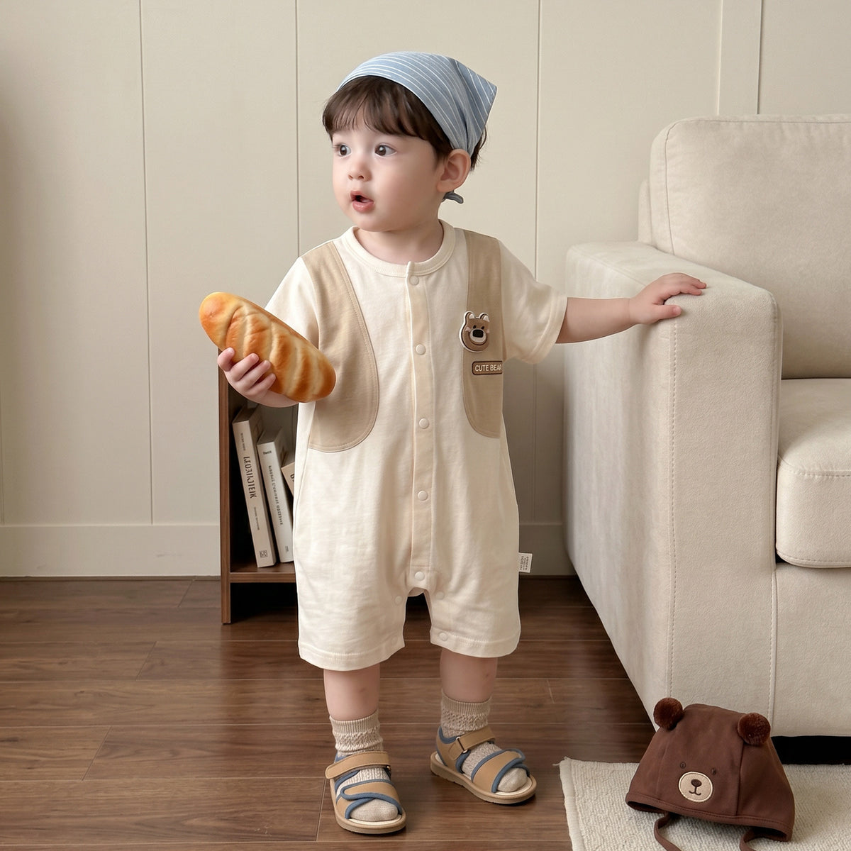 Baby Short Sleeve Romper Cartoon Bear Summer Breathable Lightweight Casual Boy Baby Onesie