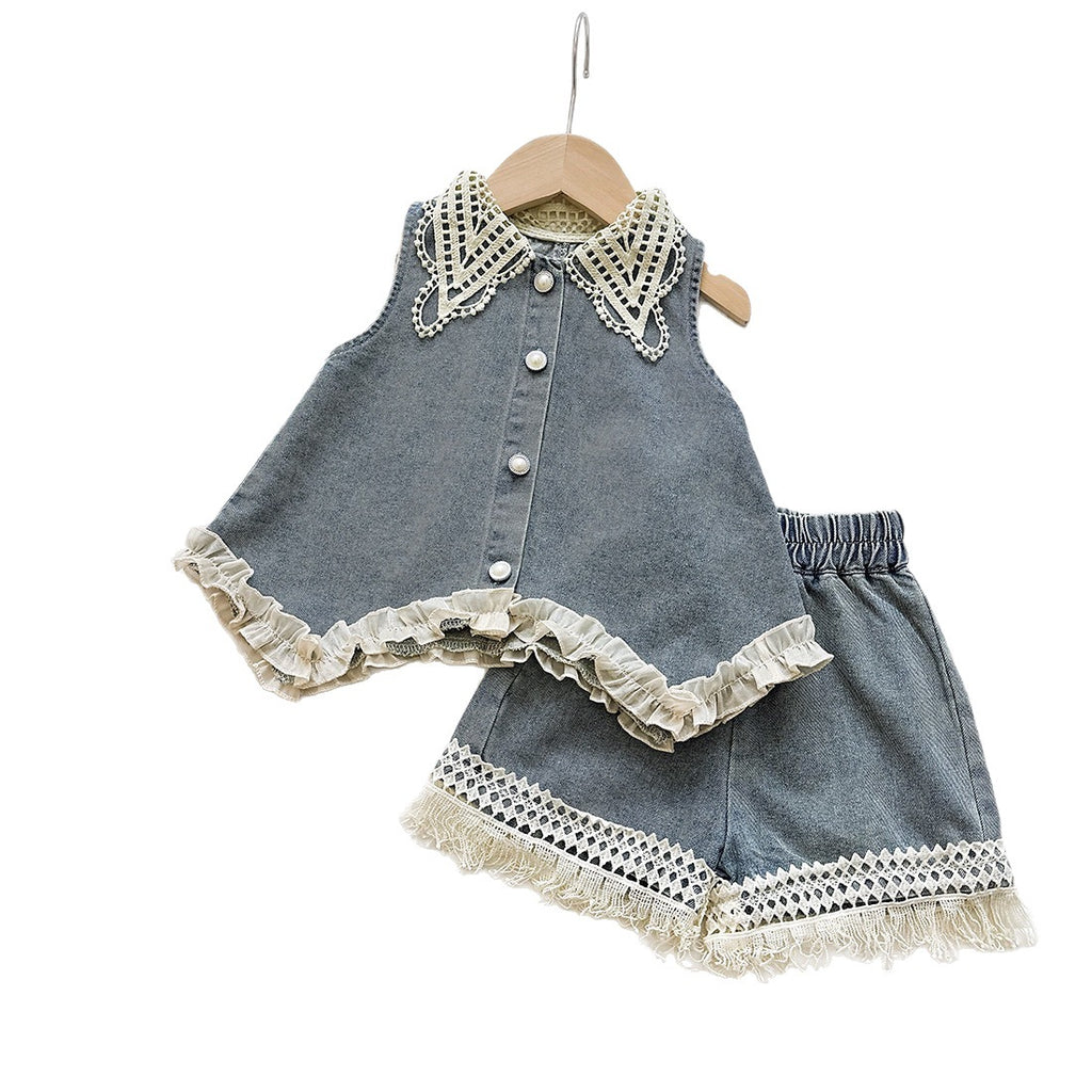 Fashionable Lace Collar Denim Vest Top with Ruffle Shorts Set for GirlsCasual Two-Piece Outfit