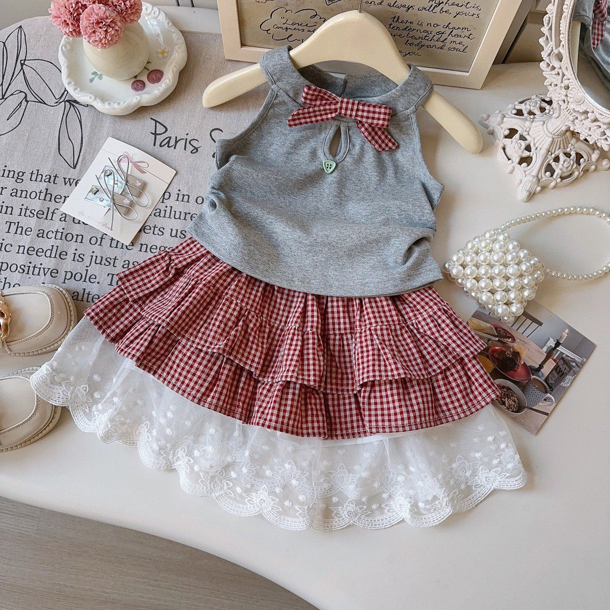 Girls Korean Style Bow Top & Checkered Layered Skirt Set — 2-Piece Summer Outfit