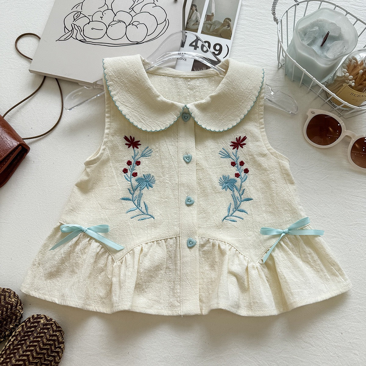 Summer Girls' Outfit Set Sweet Bow Embroidery Sleeveless Top and Shorts Two-Piece Set Foreign Trade