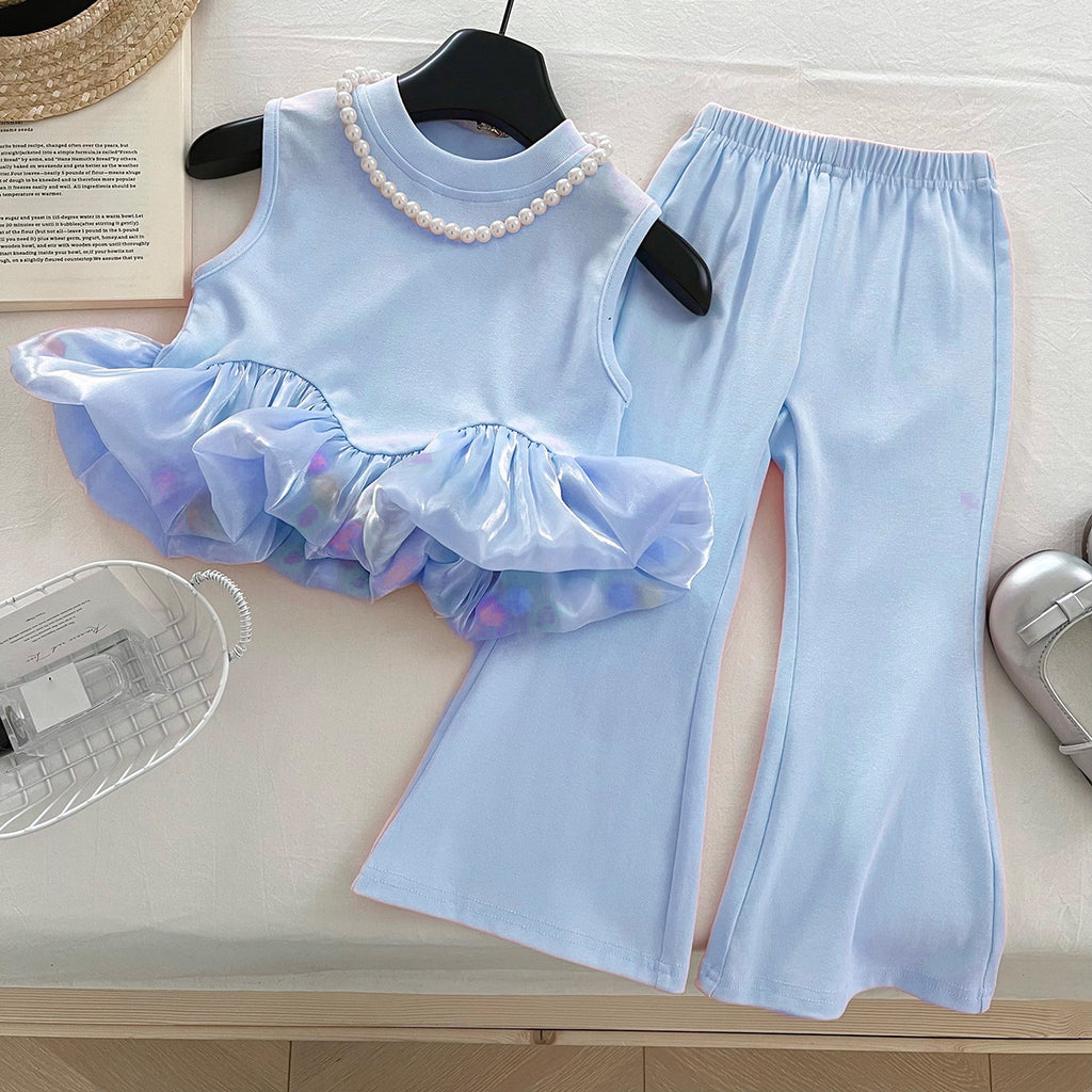 Cute Girls' Sleeveless Patchwork Tank Top Set Fashion Stretch Flared Pants Two-Piece Outfit