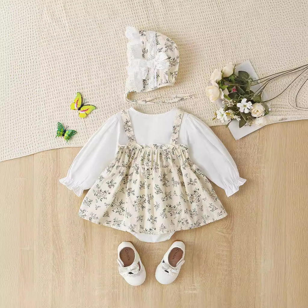 Spring Autumn Baby Clothes Small Floral Strapless Faux Two-Piece Princess Romper Dress Baby Long Sleeve Baby Crawler Dress