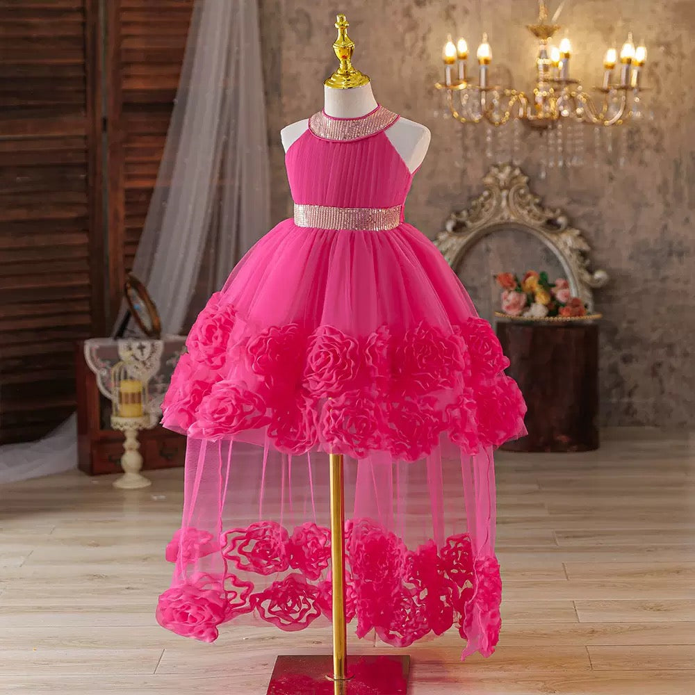Elegant Girls Princess High-Low Party Dress with Floral Rose Details and Sparkling Sequin Waist – Special Occasion Formal Dress 👗. MOQ 100 | 10 each color . Unit price $9