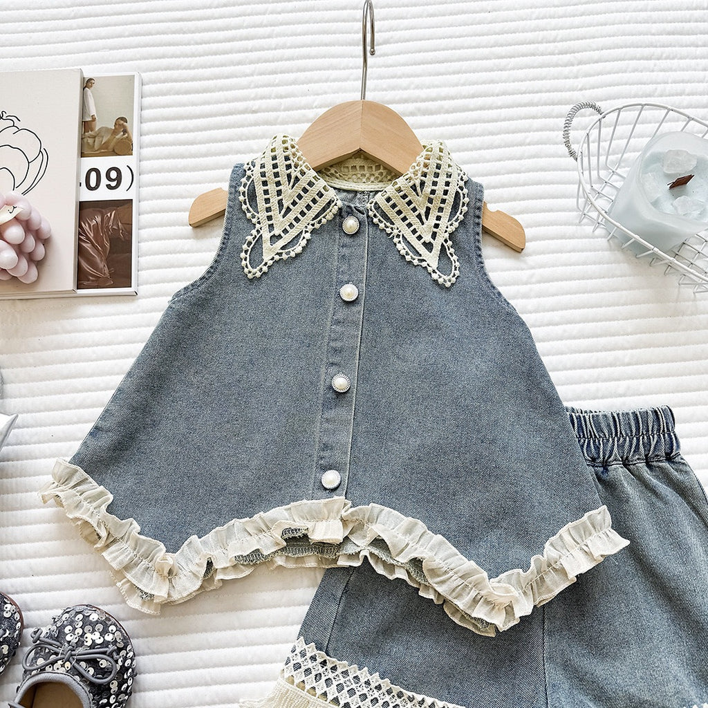 Fashionable Lace Collar Denim Vest Top with Ruffle Shorts Set for GirlsCasual Two-Piece Outfit