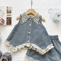 Fashionable Lace Collar Denim Vest Top with Ruffle Shorts Set for GirlsCasual Two-Piece Outfit