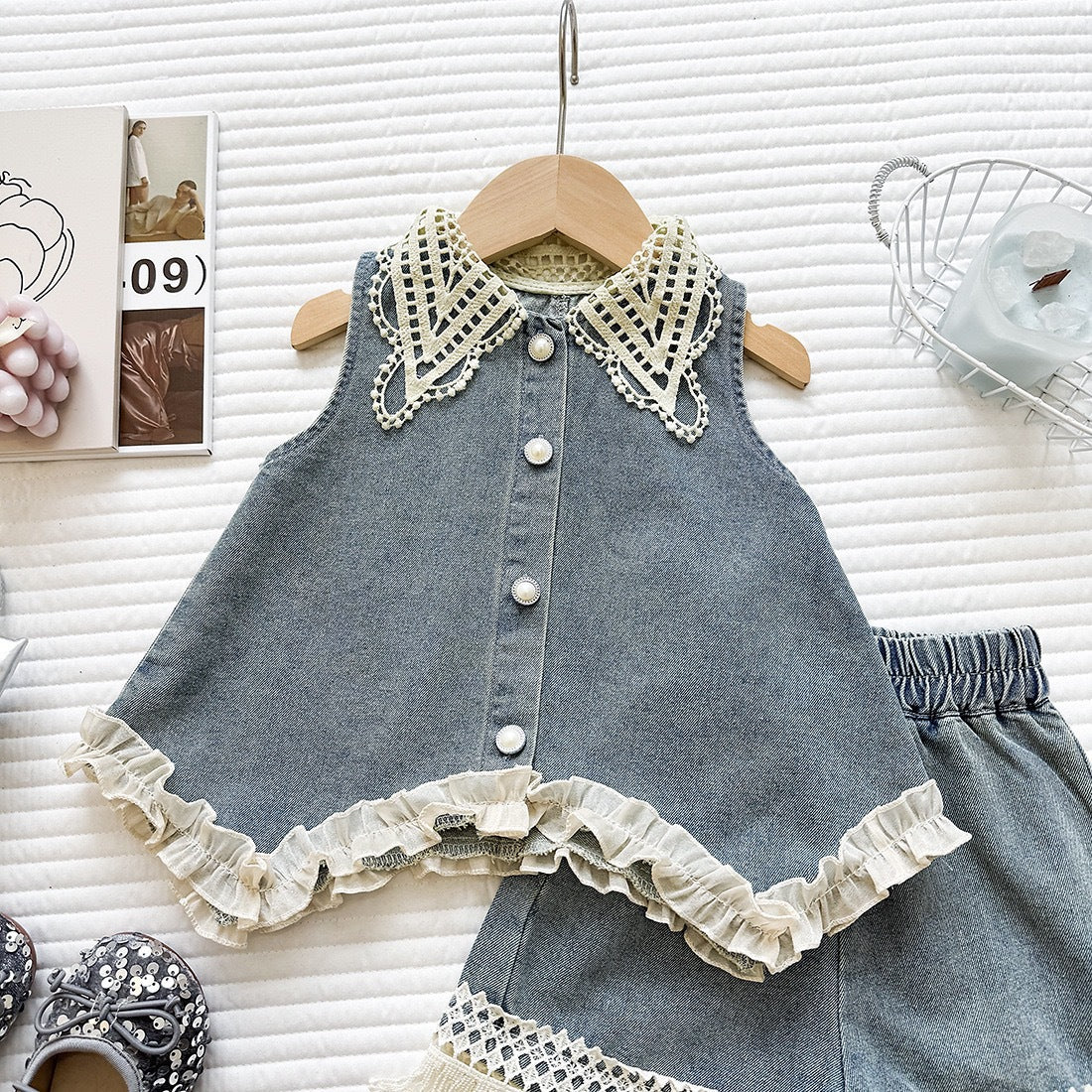 Fashionable Lace Collar Denim Vest Top with Ruffle Shorts Set for GirlsCasual Two-Piece Outfit