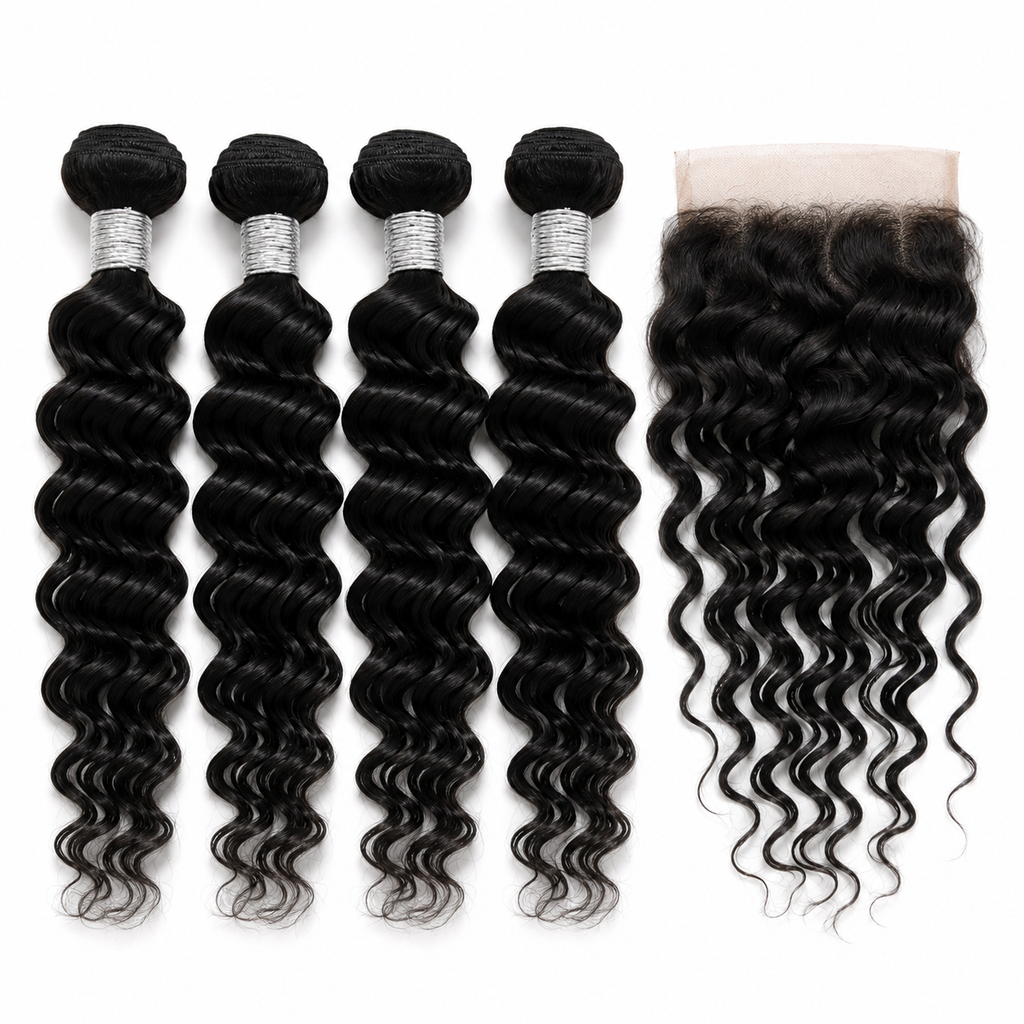 14-Inch Deep Wave Hair Package – 4 Bundles + Lace Closure