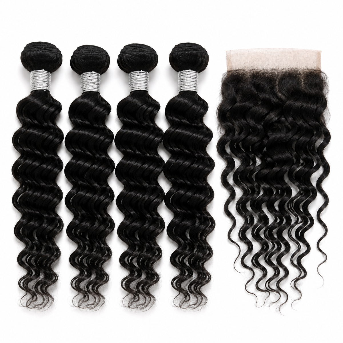 14-Inch Deep Wave Hair Package – 4 Bundles + Lace Closure
