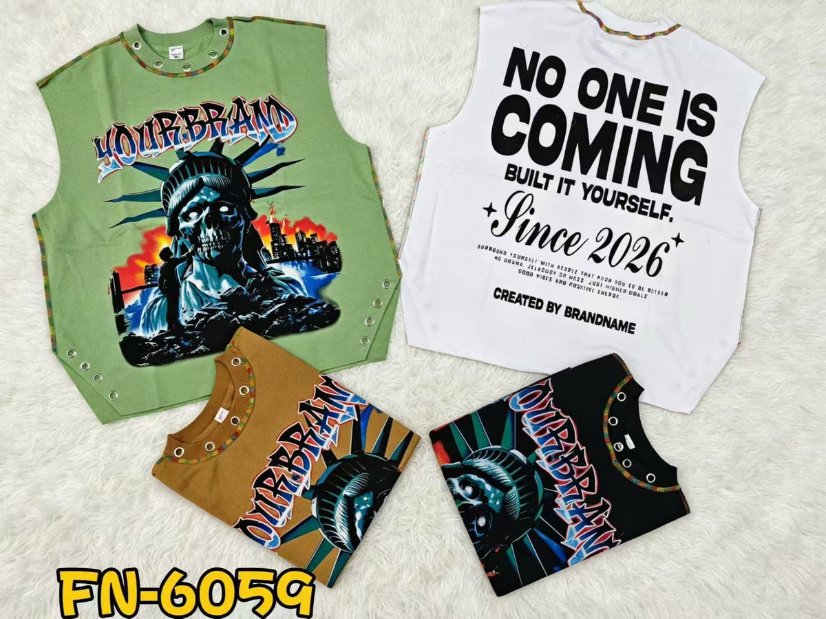Graphic Sleeveless Tee $6.50/pc – FN-6058 / FN-6059 / FN-6060 / FN-6061 / FN-6062 (Pack of 10 | MOQ 20 Bags)