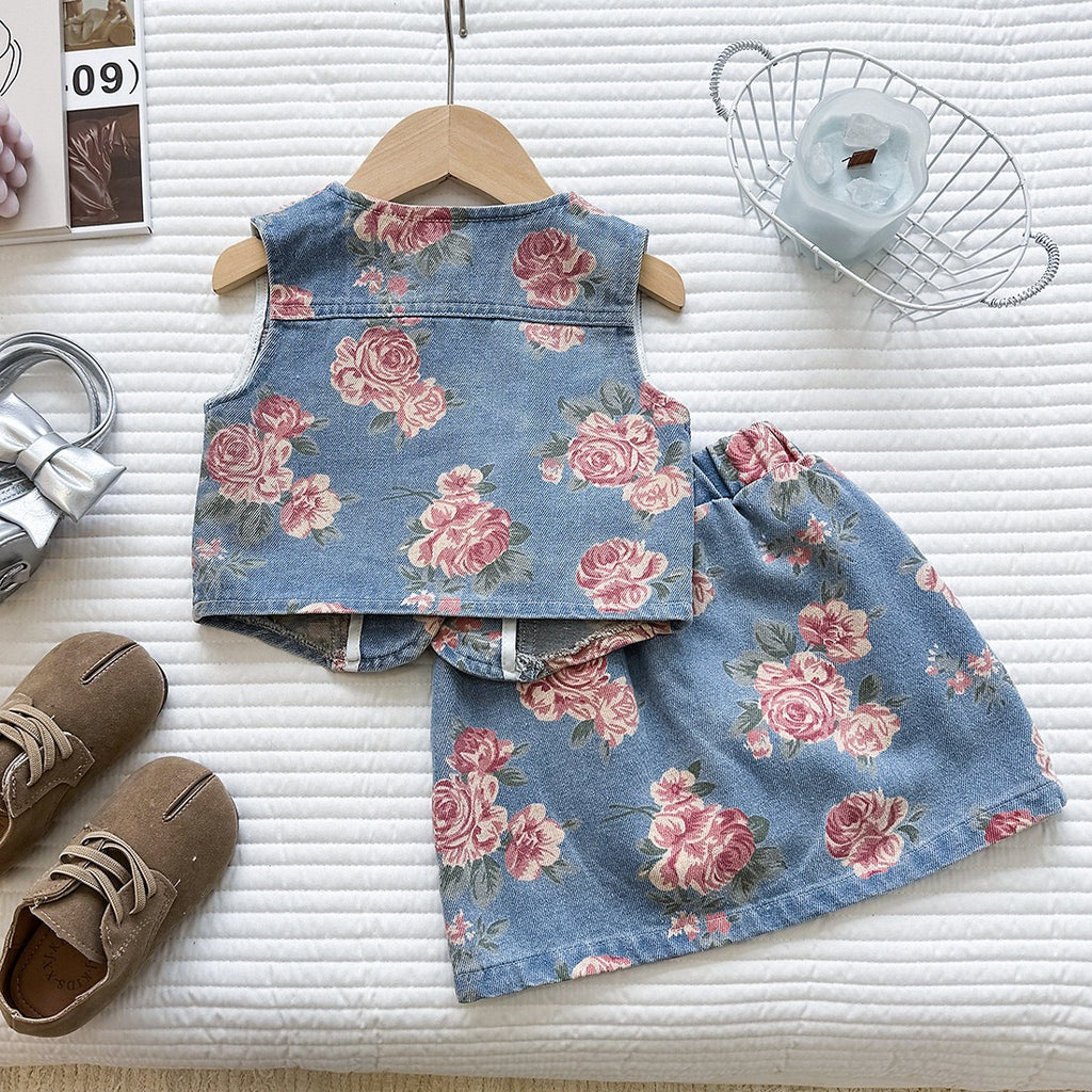 Casual Printed Sleeveless Beaded Denim A-line Skirt Two-Piece Set for Girls