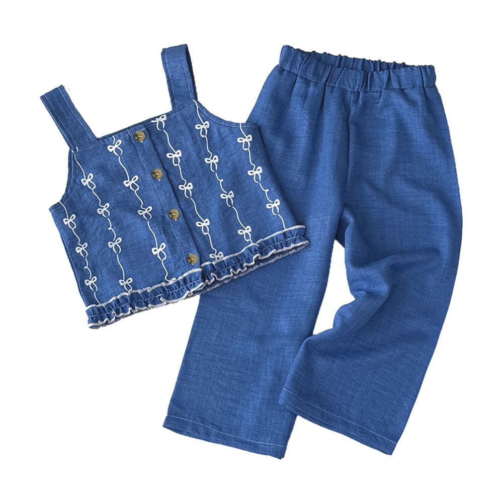 Cute Girls' Summer Butterfly Print Tank Top Set with Wide-Leg Pants Two-Piece Outfit