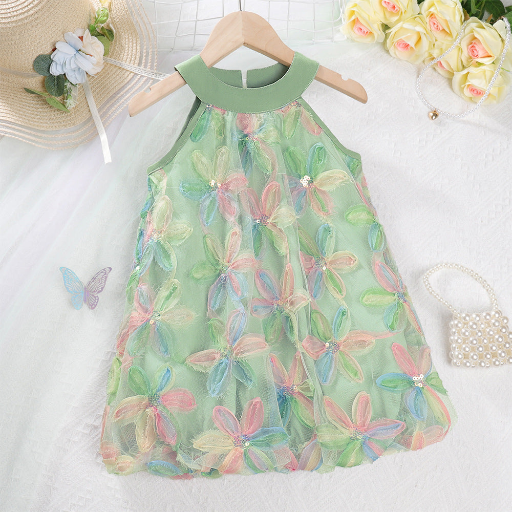 Girls Korean Style Sequin Bow Princess Dress — Sleeveless Mesh Strap Dress (Ages 3-7Y)