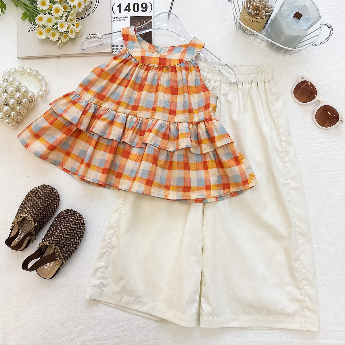 Girls' Set Summer Striped Sleeveless Top and Wide-Leg Pants Children's Vacation Style Two-Piece Set