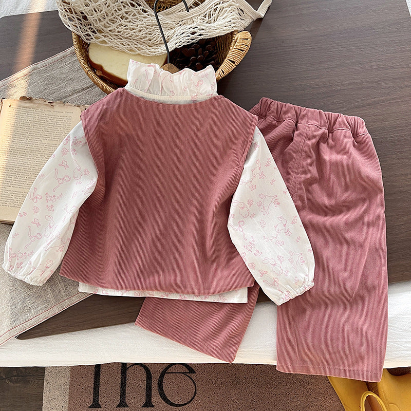 Baby girl autumn baby girl corduroy vest long sleeved three piece set