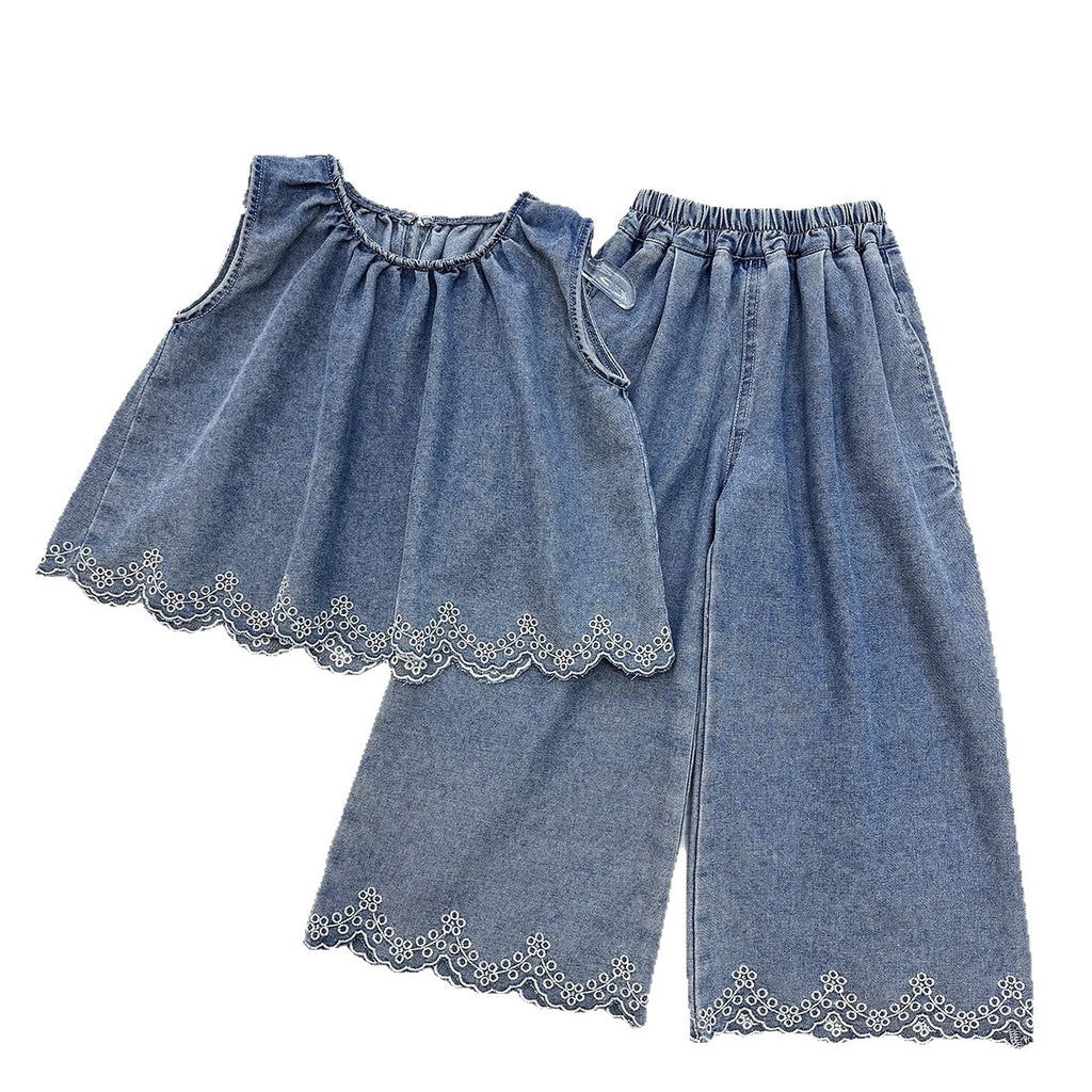 Casual Two-Piece Set for Girls: Denim Vest Top with Lace Flowers and Wide-Leg Pants