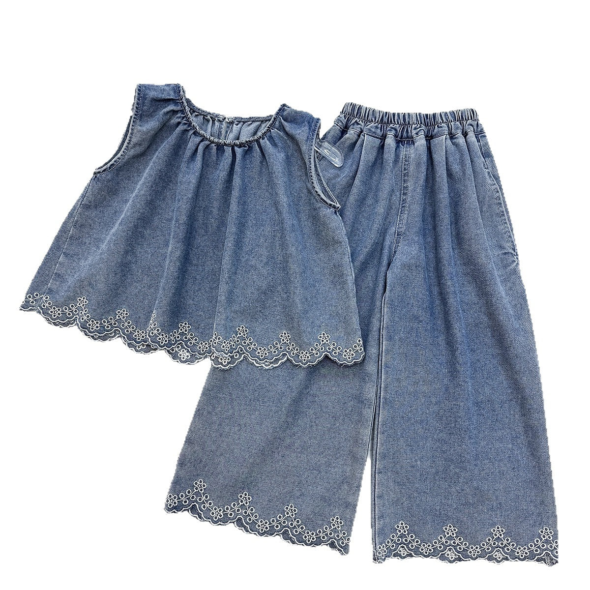 Casual Two-Piece Set for Girls: Denim Vest Top with Lace Flowers and Wide-Leg Pants