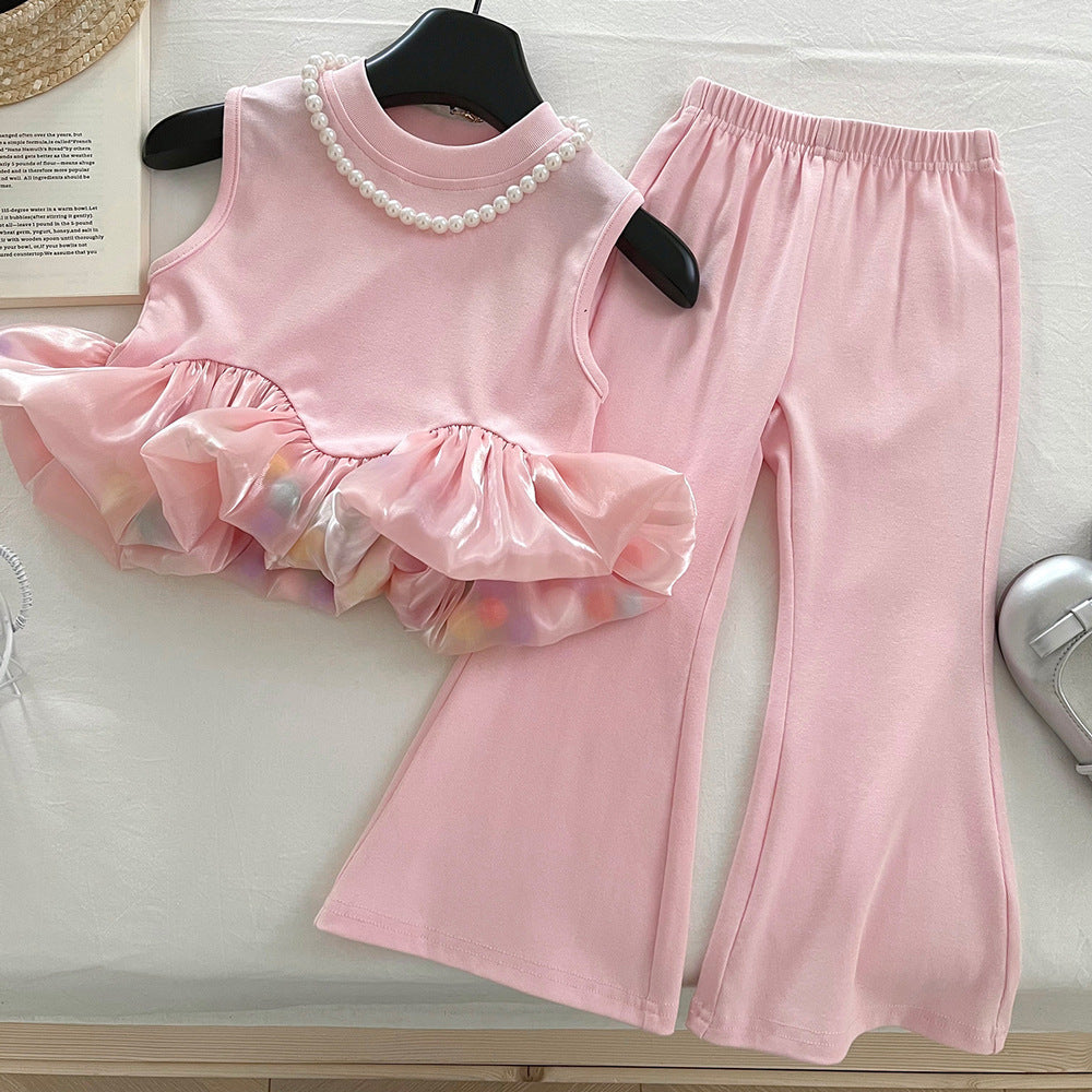 Cute Girls' Sleeveless Patchwork Tank Top Set Fashion Stretch Flared Pants Two-Piece Outfit