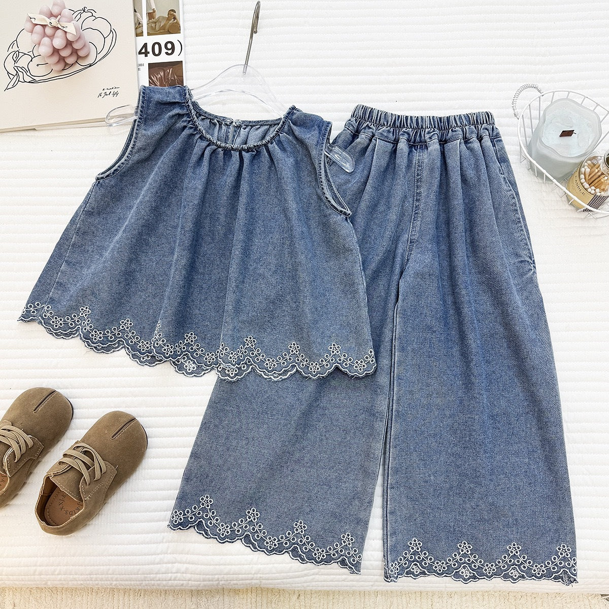 Casual Two-Piece Set for Girls: Denim Vest Top with Lace Flowers and Wide-Leg Pants