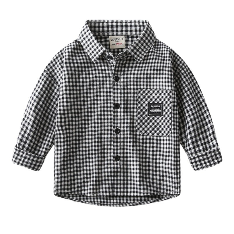 Boys Korean Style Checkered Long Sleeve Shirt — Kids Cotton Casual Top (Sizes 90-140cm)