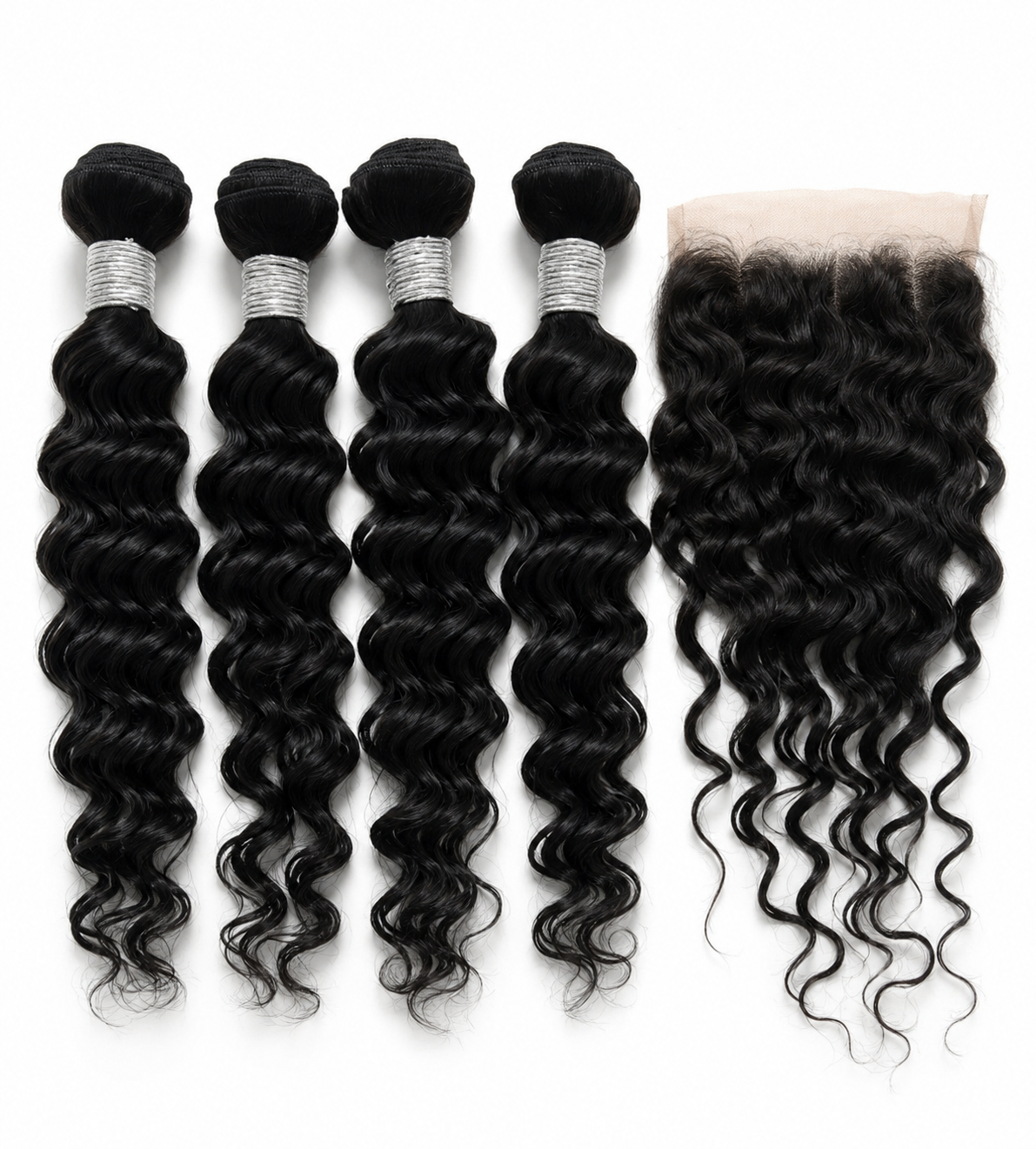 14-Inch Deep Wave Hair Package – 4 Bundles + Lace Closure