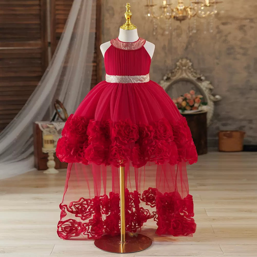 Elegant Girls Princess High-Low Party Dress with Floral Rose Details and Sparkling Sequin Waist – Special Occasion Formal Dress 👗. MOQ 100 | 10 each color . Unit price $9