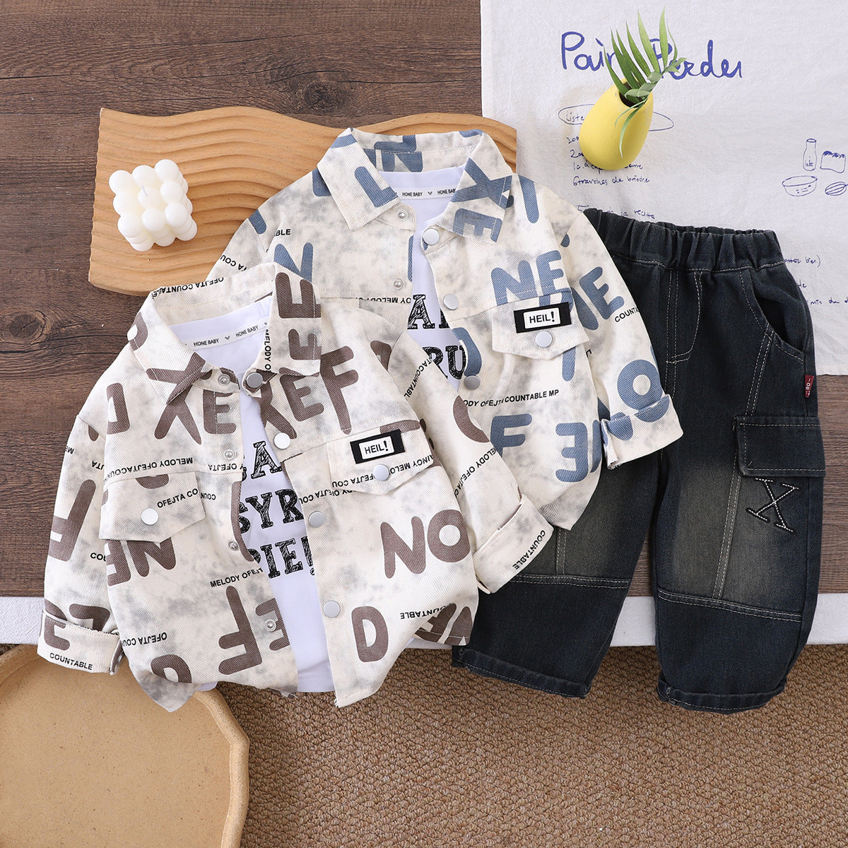 Baby and children's letter long sleeved three piece set baby spring and autumn clothes