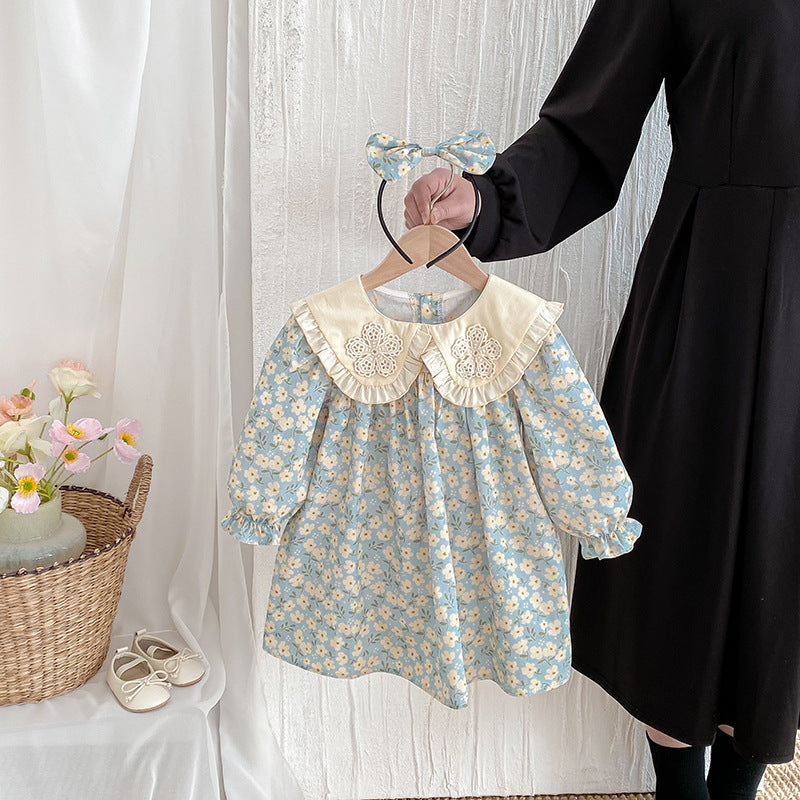 Autumn Baby Clothes Sweet Floral Baby Girl Romper Long Sleeve Dress With Peter Pan Collar Sister Set
